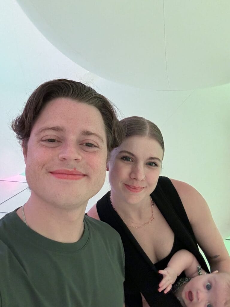 A travel selfie of two of the Sommers.
